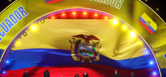 WASHINGTON, DC - DECEMBER 05: Draw assistant Tom Brady, Draw assistant Shaquille O’Neal, Co-Conductor Samantha Johnson, FIFA Legend Rio Ferdinand, Draw assistant Aaron Judge and Draw assistant Wayne Gretzky stand on stage as Ecuador is illuminated on the screen during the FIFA World Cup 2026 Official Draw at John F. Kennedy Center for the Performing Arts on December 05, 2025 in Washington, DC. (Photo by Hector Vivas - FIFA/FIFA via Getty Images)